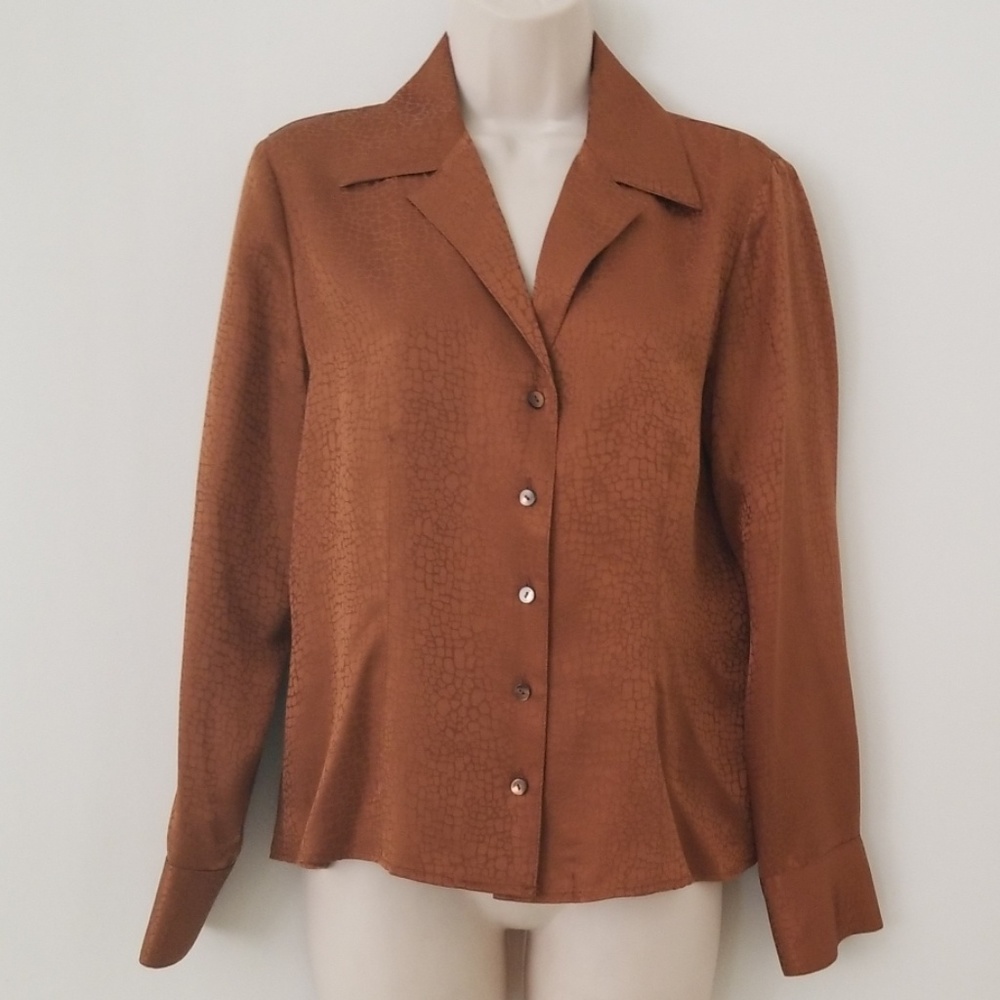 Talbots Petites Silk Brown Reptile Print Blouse 10